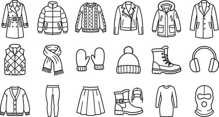 Winter Clothing and Cold Weather Fashion Collection with Outerwear Apparel Accessories and Seasonal Garments Outline Vector Icon Set for Fashion Design © Minara