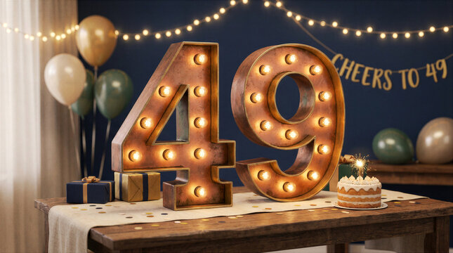 Marquee number 49 celebration with birthday cake balloons and festive party decorations
