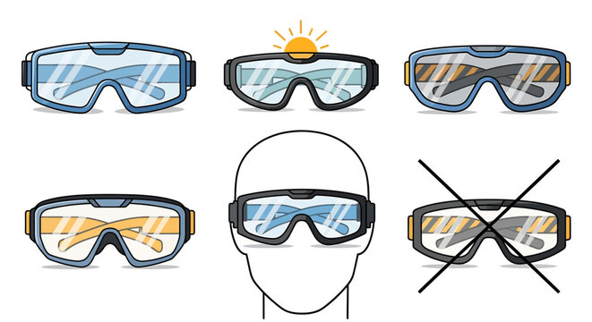 Professional set of safety goggles and protective eyewear illustrations for laboratory and industrial work