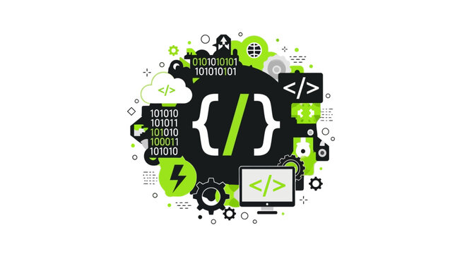 Modern Software Development and Web Coding Concept Illustration with Binary Data, Programming Symbols, and Technology Icons on White Background