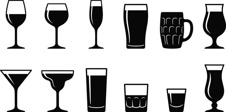Alcohol Beverage Glassware Collection with Wine, Beer, Cocktail and Liquor Drink Silhouette Icons for Bar Menu and Hospitality Design