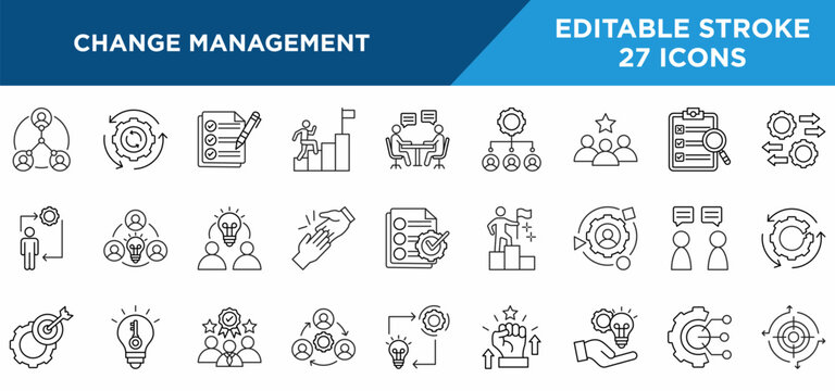 Change management line icons set with change, transition, stakeholder, leadership, evaluation, structure, planning, and mentoring concepts. Editable stroke vector collection.