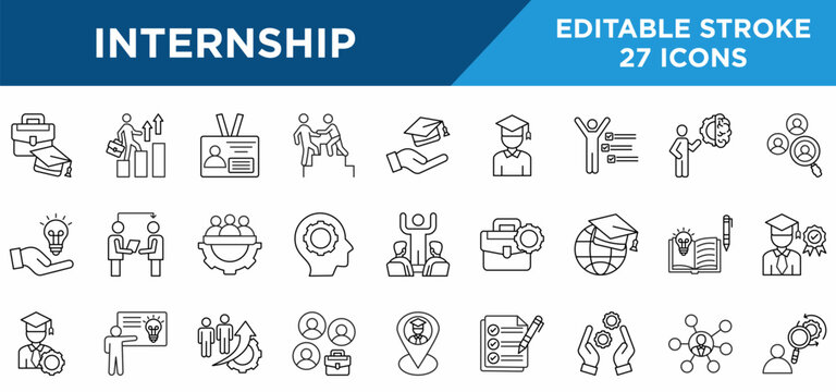 Internship line icons set with intern, mentor, recruit, scholarship, idea, and practice concepts. Editable stroke vector collection.