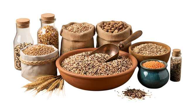Collection of grains seeds and legumes in sacks bottles and bowls on transparent background.