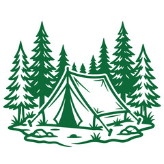 Obraz premium Simple camping tent graphic in pine forest setting with white background line art outdoor gear camping trip