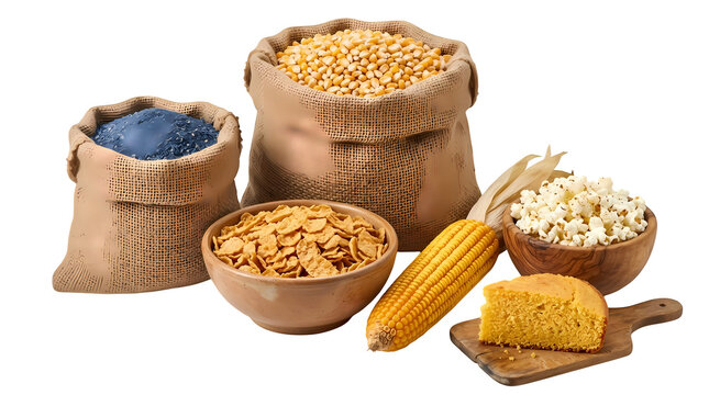 Corn products, popcorn, cornflakes, corn on cob, cornbread, blue corn flour.