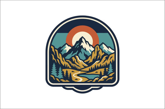 Classic dark blue arch patch badge with prominent orange sun layered mountain hills winding valley path and pine trees
