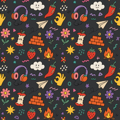 Naklejka premium Retro doodle pattern with playful icons and vibrant colors on dark background
