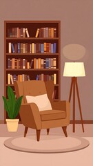 Fototapeta premium Cozy brown armchair with bookshelf and floor lamp in a warm minimalist living room
