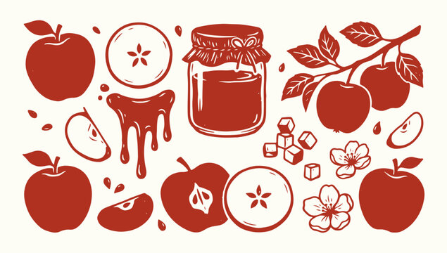 Apple jam illustration with fresh apples, flowers, and sugar cubes on cream background