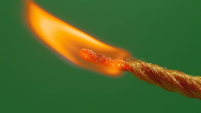 Burning matchstick on green background closeup.