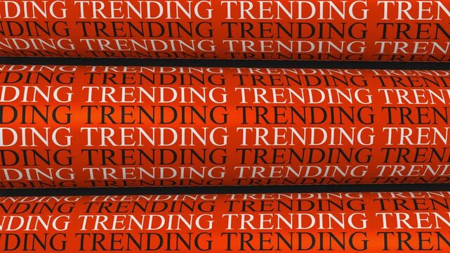 Trending word pattern rotating on orange cylindrical tubes typography animation