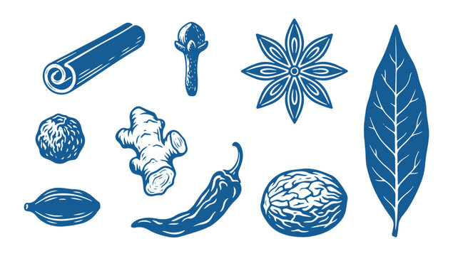 Spices and herbs icons set including cinnamon, chili, ginger, and nutmeg on white background