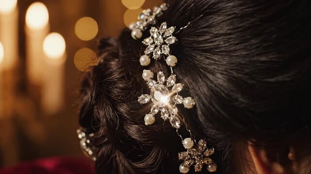 Elegant Bejeweled Hair Ornament with Pearls Adorning Dark Hairstyle