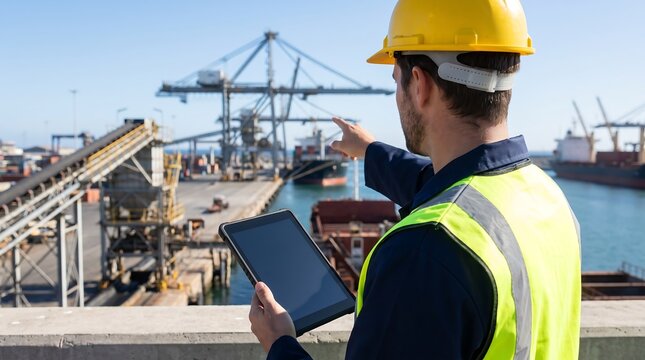 Logistic planner in yellow hard hat using digital tablet and gesturing at complex maritime harbor cranes and cargo vessels for efficient port management and shipping