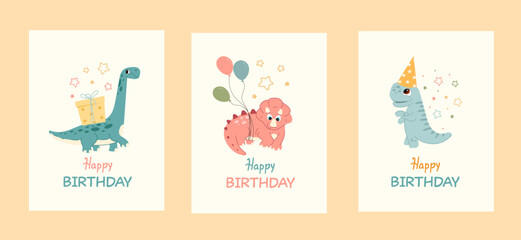 Collection of kids birthday card templates with cute friendly dinosaur characters, gift boxes, and colorful air balloons. Children holiday invitation poster set. Vector illustration isolated. © Инна Музыка
