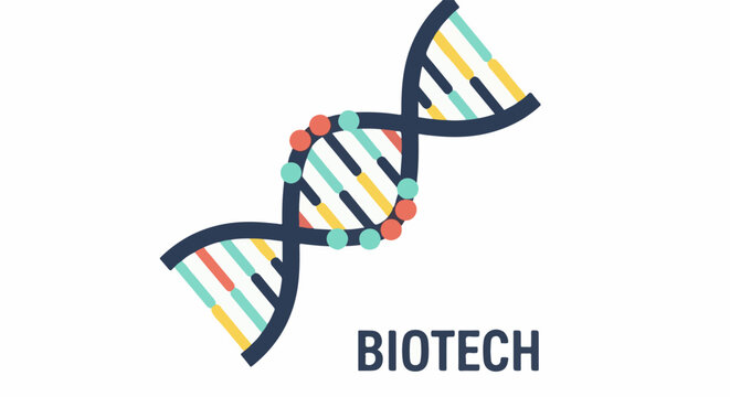 A colorful graphic illustration of a DNA double helix structure with the word BIOTECH