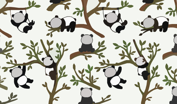 Playful Panda Bears on Tree Branches Seamless Vector Pattern on White Background