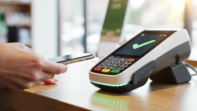 Customer paying with smartphone at payment terminal. Fast and secure contactless transaction in a modern store. Ideal for finance and technology promotional materials.