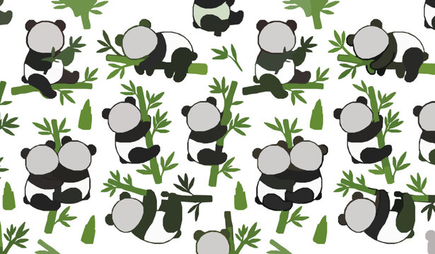 Cute Panda Bears on Tree Branches Seamless Vector Pattern with Adorable Cartoon Poses