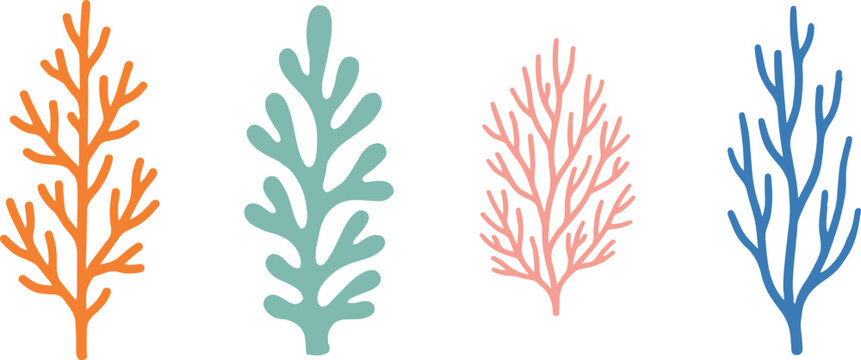 Minimalist sea coral and seaweed vector illustration set with colorful marine plants algae branches and ocean life design elements.