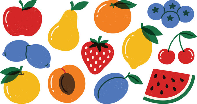 Fresh organic fruit and berry vector illustration set with textured apple pear strawberry lemon watermelon and cherry icons for healthy food design.