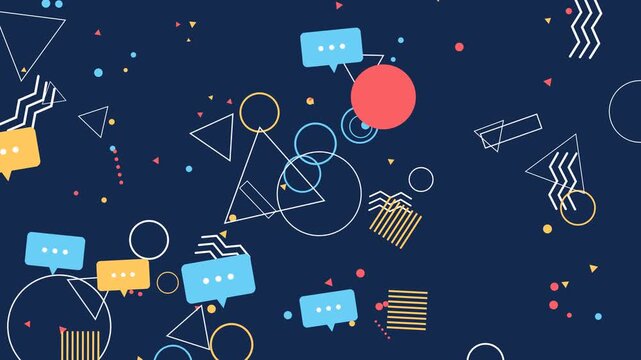 Abstract digital background with geometric shapes and speech bubbles on a dark blue canvas, representing communication and connection.