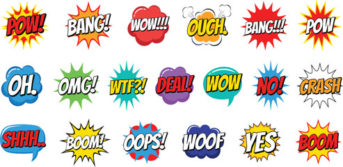 Comic book sound speech bubble vector illustration set with colorful retro pop art expression text explosions and funny conversation clouds. © HazelQueen
