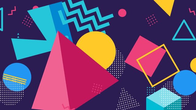 Vibrant abstract background with an assortment of colorful geometric shapes like triangles, circles, and squares in a retro 80s or 90s style.