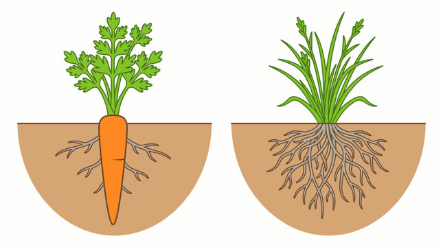 Illustration of carrot taproot beside grass fibrous roots.