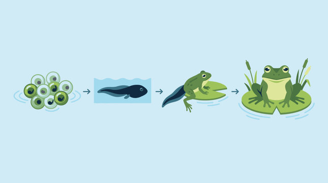 Illustration of frog life cycle stages from egg to adult.