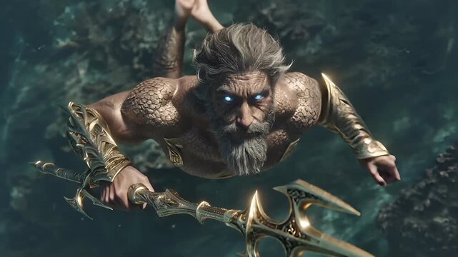 Greek mythology sea god Poseidon. Fantasy. A detailed digital artwork depicts a fiercelooking orc warrior in a dynamic pose. The orc has a long, flowing beard and piercing blue eyes. He wears ornate.