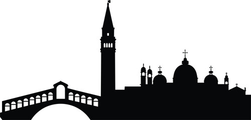 Black silhouette of an Italian city skyline featuring an arched stone bridge cathedral domes and a tall bell tower © Tanzila