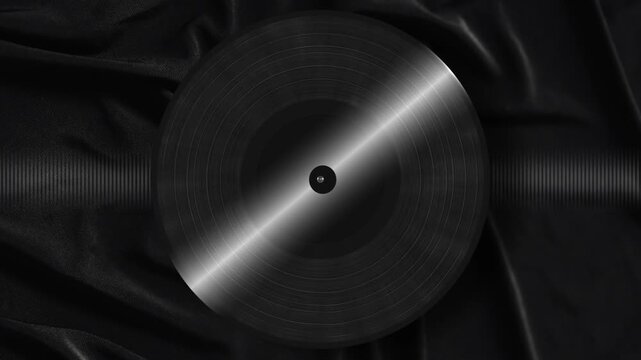 Black Vinyl Record on Dark Fabric with Light Reflection Background