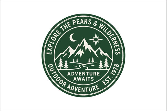Dark green explore the peaks and wilderness outdoor adventure awaits emblem badge with mountains starry night sky and trees