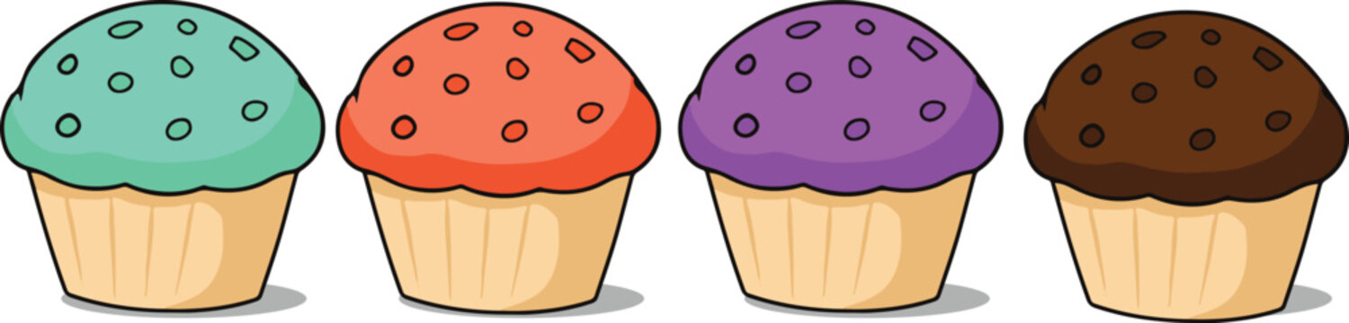 Colorful cupcakes with frosting toppings.