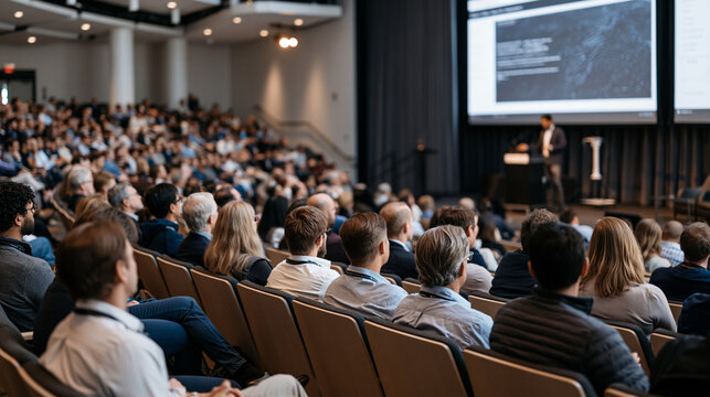 Space elevator engineering symposium where structural materials scientists display fiber tensile strength test results to international audience seated in a tiered conference hall