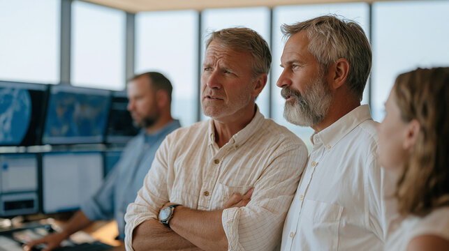 Space weather analyst team at regional power utility emergency operations center consulting with grid engineers about satellite derived geomagnetic disturbance alerts while