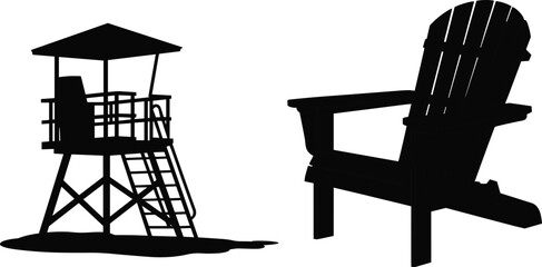 Fototapeta premium Black silhouettes of a beach lifeguard tower and a comfortable outdoor Adirondack chair isolated on a white background