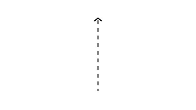Black color up arrow direction icon with dotted line animation on white background. dot arrows icon sign animated with alpha channel. black straight arrows animation.