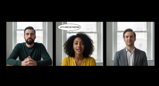 Three diverse business professionals in a video call meeting with a speech bubble saying lets discuss further