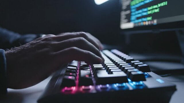 Close-up of hands actively typing on a glowing RGB mechanical keyboard in a dark room, displaying code on a computer screen.