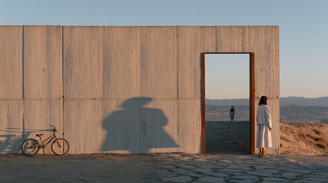 Concrete border barrier casting a long late-morning shadow across a split neighborhood, a child's bicycle leaning against the wall on one side, a woman's silhouette visible on the