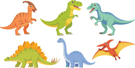 Cute cartoon dinosaurs vector illustration set with tyrannosaurus rex t-rex brachiosaurus stegosaurus pterodactyl and parasaurolophus prehistoric wild animal characters. © HazelQueen