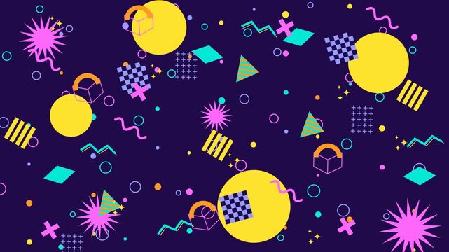 Abstract colorful geometric shapes on dark purple background in Memphis design style for modern graphic backdrop