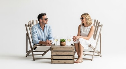 Obraz premium Man and woman wearing sunglasses sitting in wooden lounge chairs with wine glasses, isolated on white background