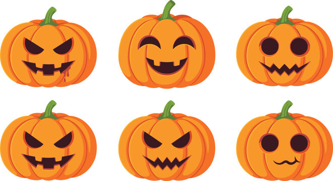 Spooky Halloween jack o lantern pumpkins vector illustration set with various creepy smiling and scary carved faces for autumn holiday design.