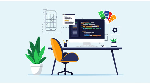 Modern Web Development Workspace Illustration featuring a computer monitor with code, ergonomic chair, and UI/UX design elements ideal for tech blogs and software development services.