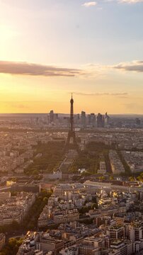 Sunset time Lapse looking out towards the Eiffel Tower and the city of Paris France.