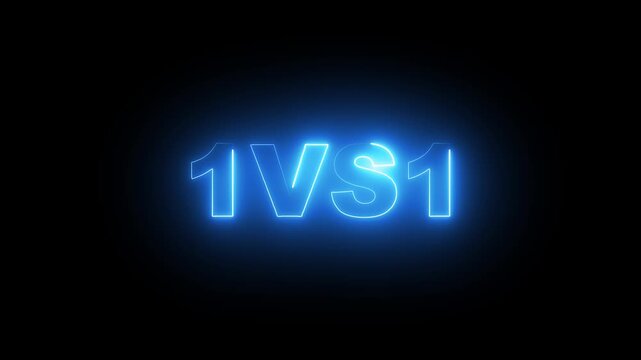 Neon glowing blue 1VS1 text looping motion graphic, futuristic one versus one duel battle screen element, versus gaming matchmaking sign on black background 4k loop.